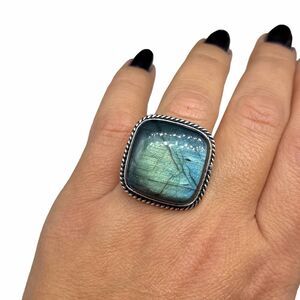 Labradorite Ring Size 11 925 Sterling Silver Overlay Square Stone Crystal